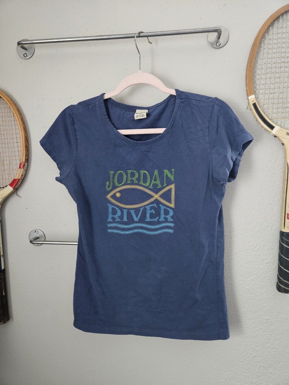 Vintage Jordan River 100% Cotton Soft Blue Single Stitch Tshirt Fish Medium